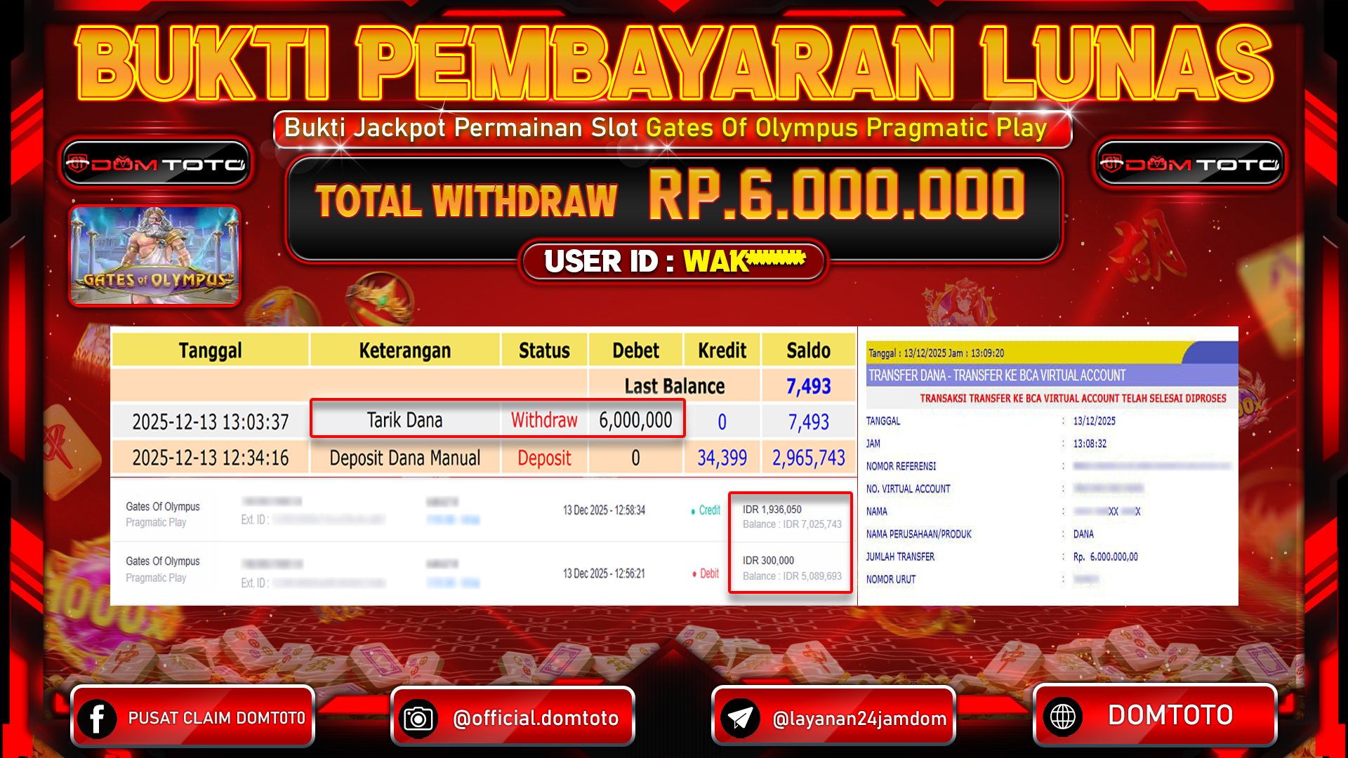 JACKPOT SLOT Gates Of Olympus Pragmatic Play 13 DECEMBER 2025